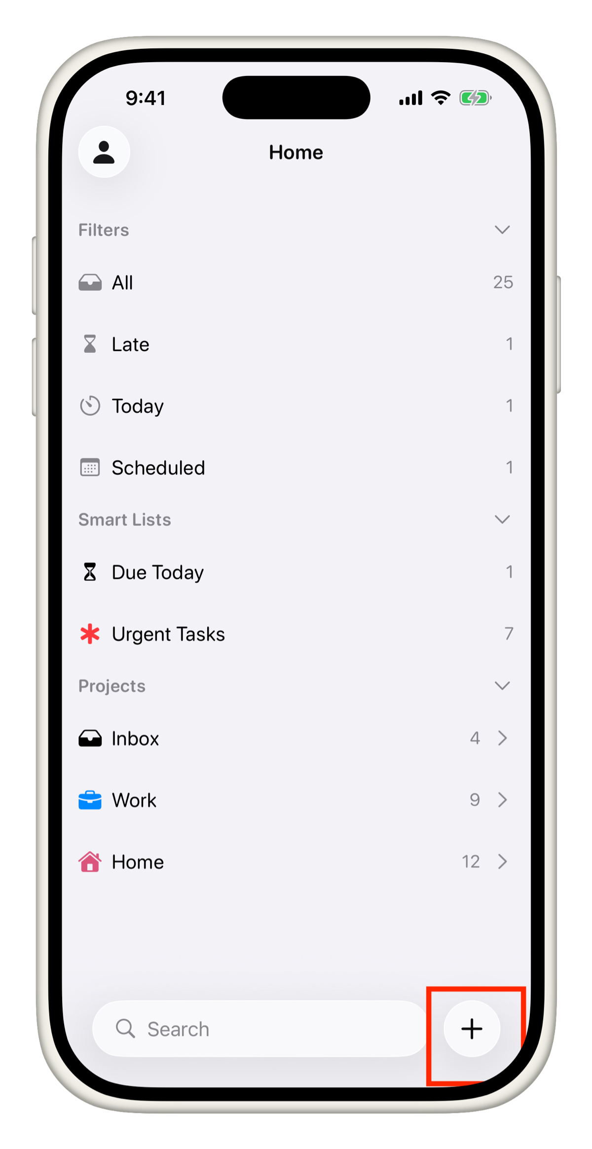 Plus button on the home screen