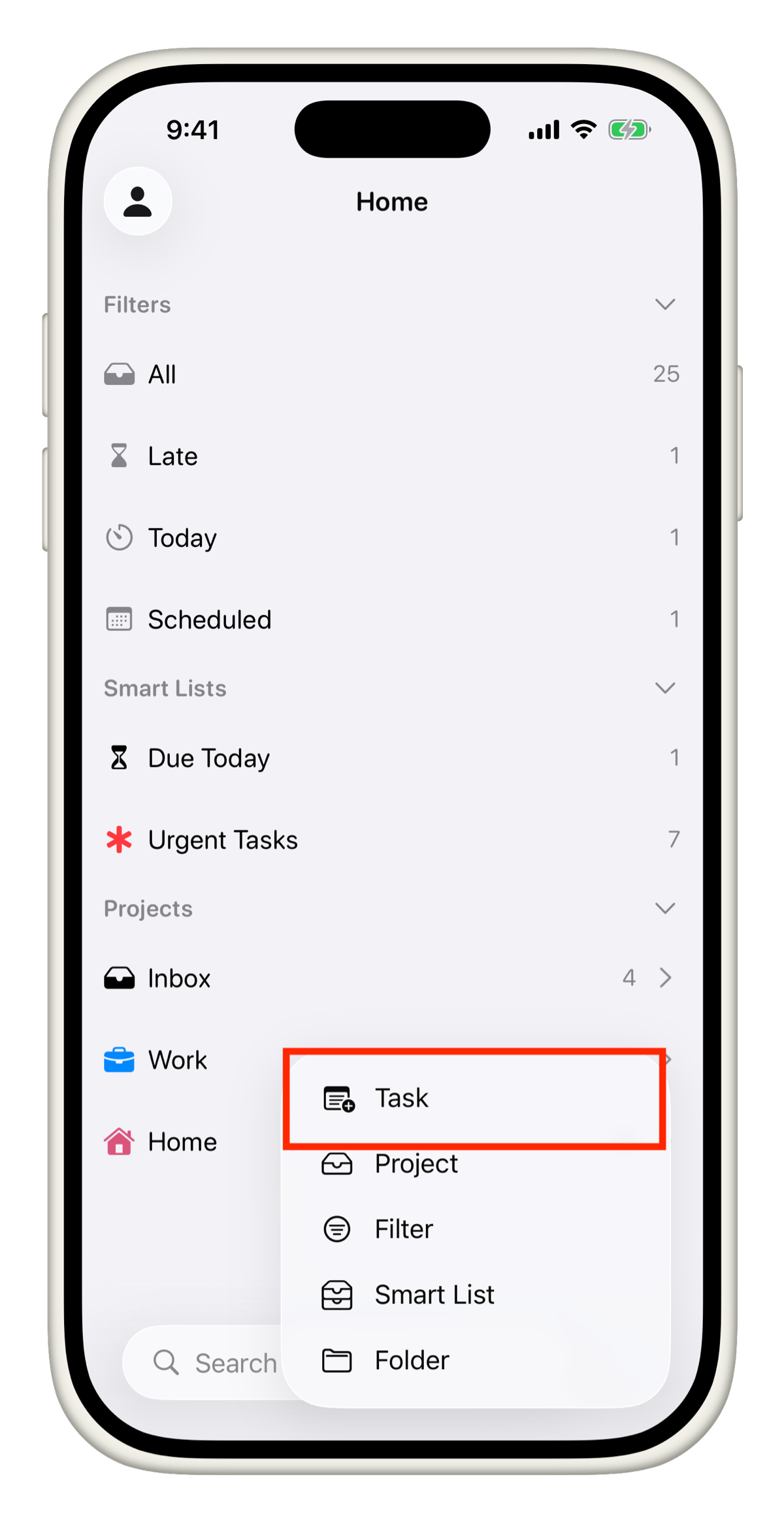 Plus menu with Task highlighted