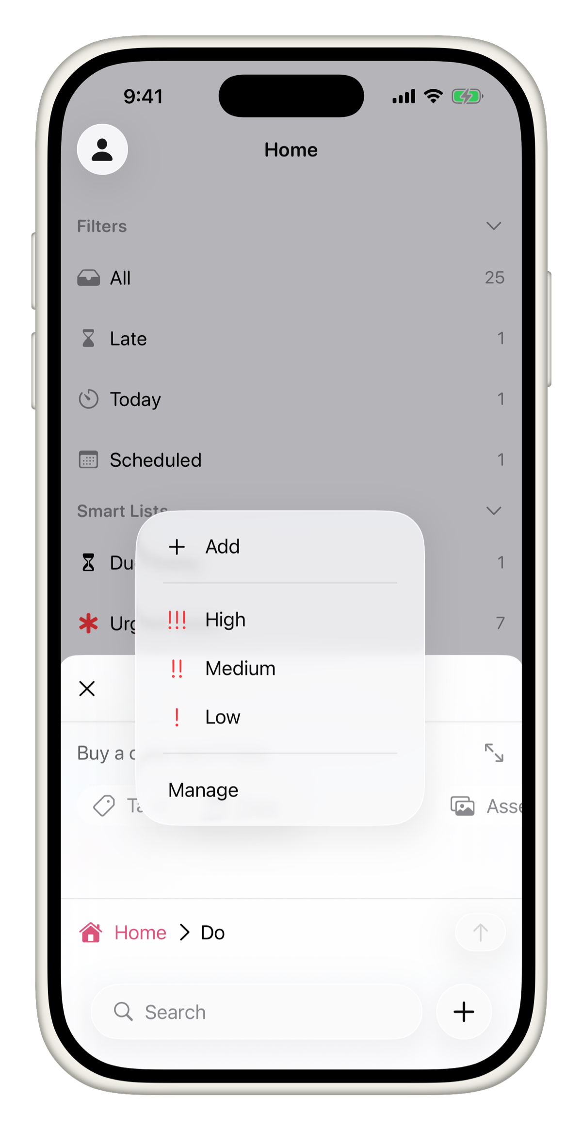 Priority picker showing High, Medium, Low