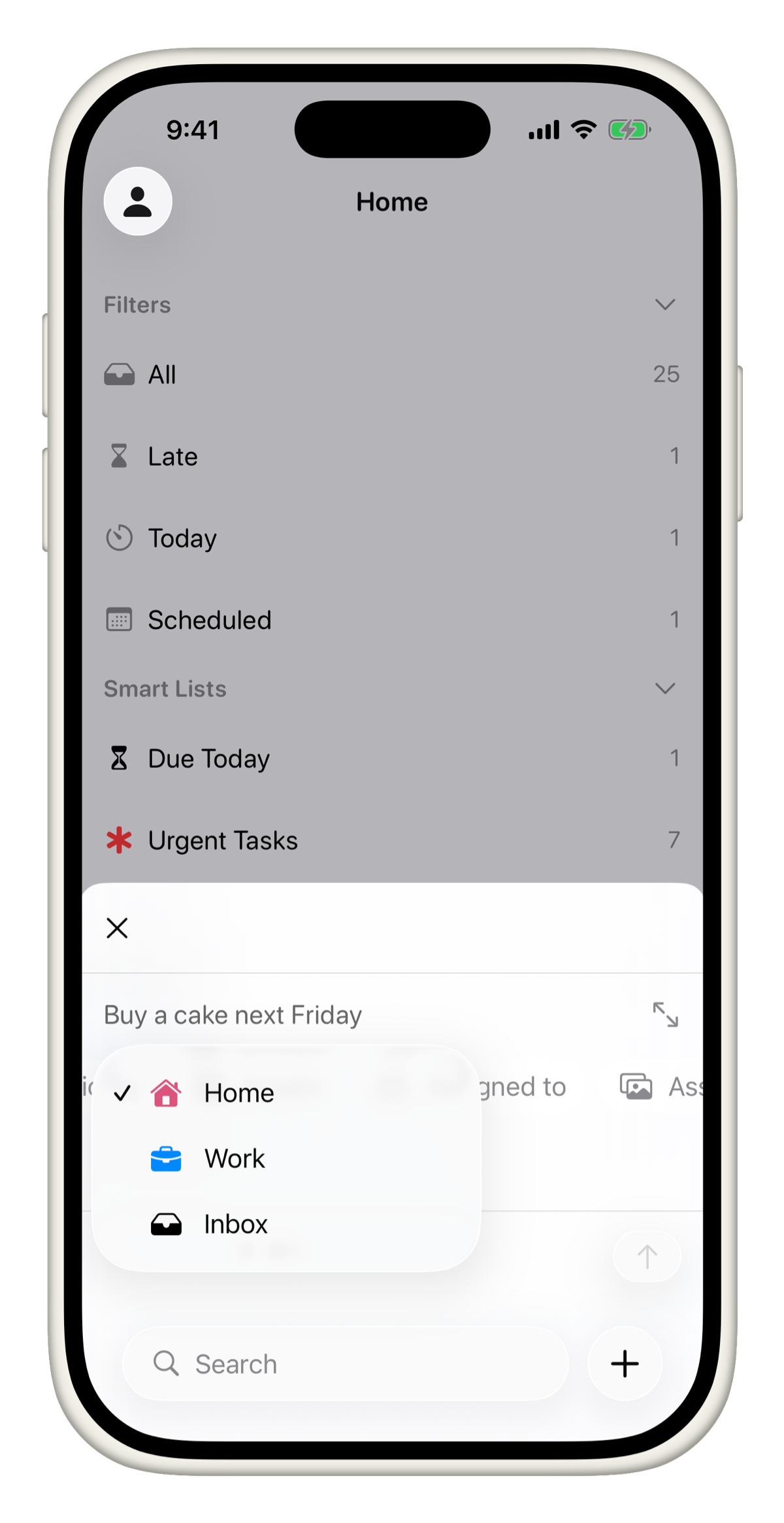 Project picker showing Home, Work, Inbox