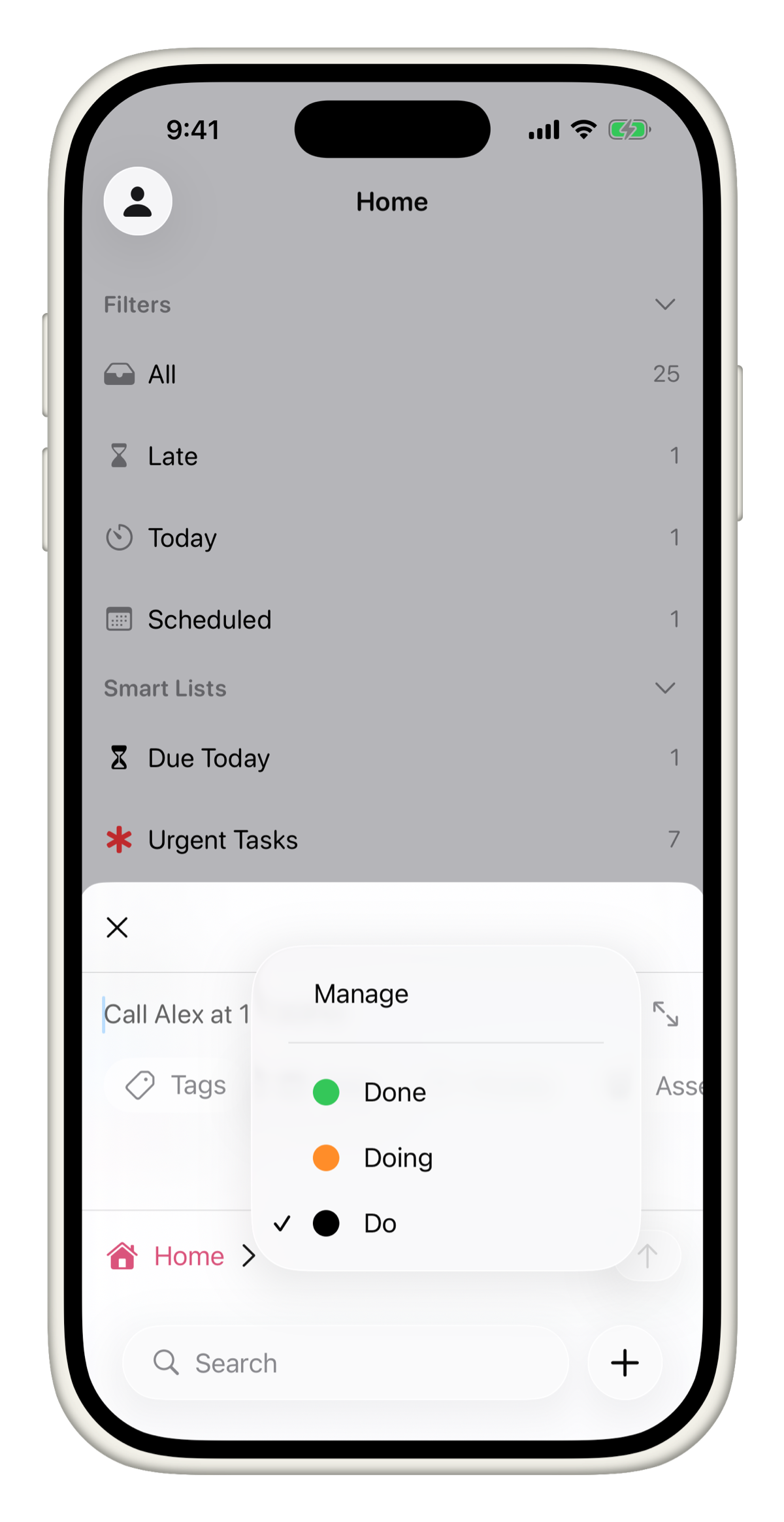 Status picker showing Done, Doing, Do