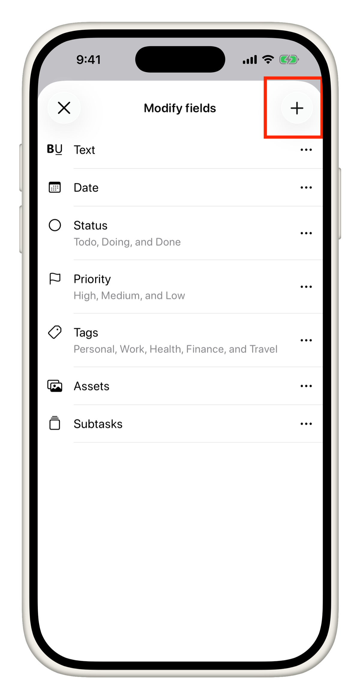 Tap the plus icon to add a field