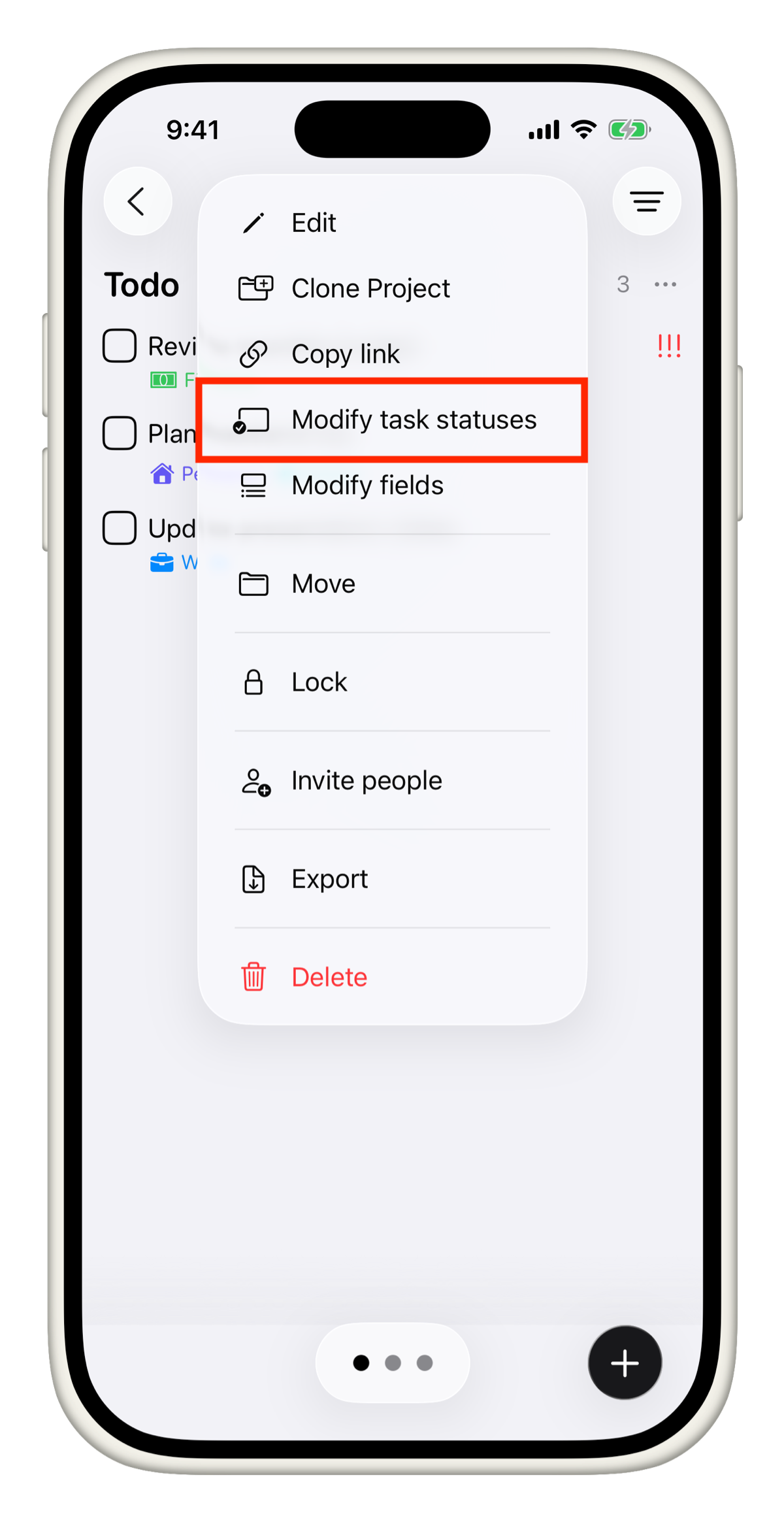 Context menu with Modify task statuses highlighted
