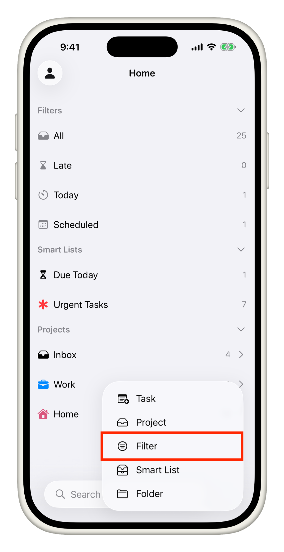 Add a filter from the plus menu