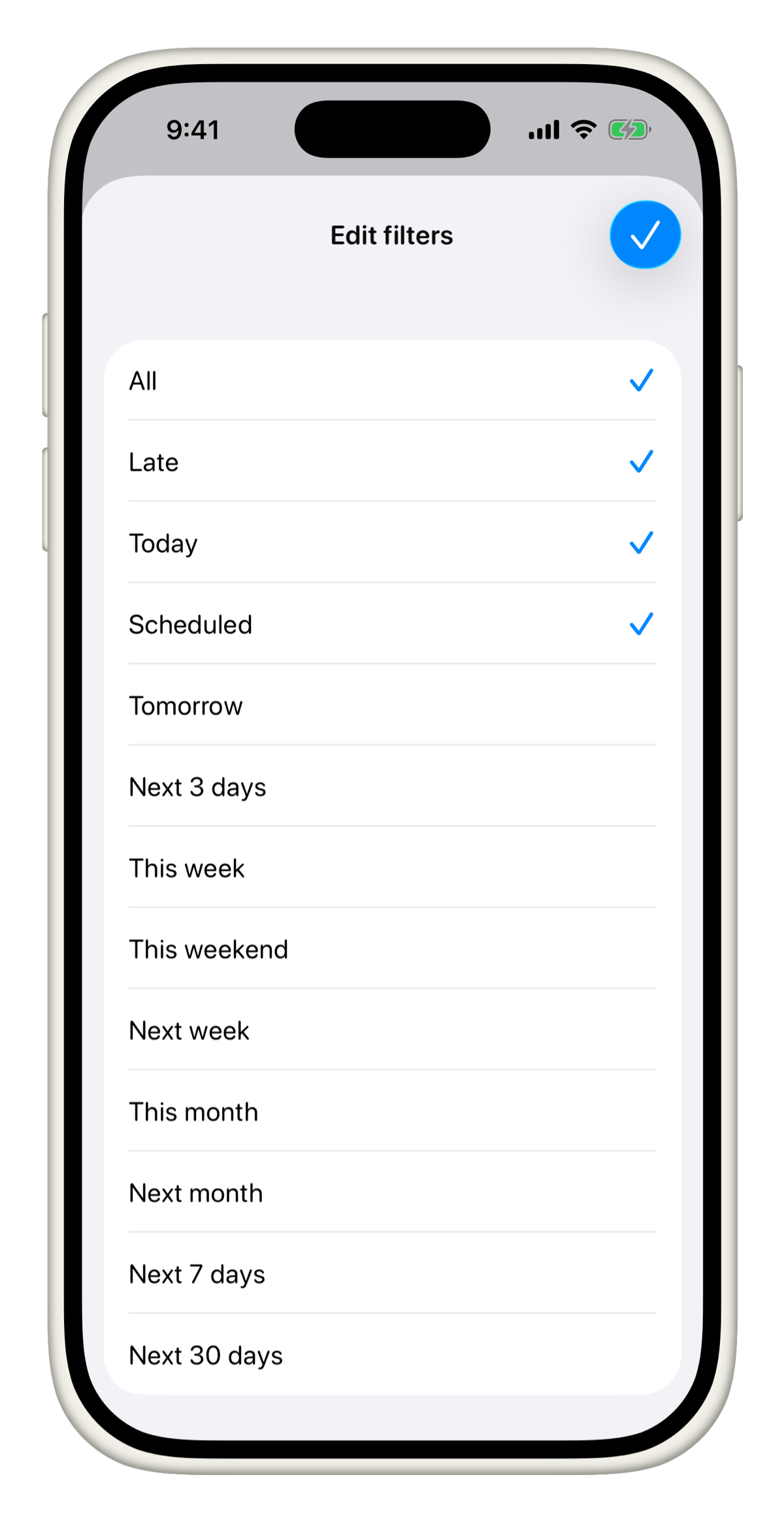 Edit filters screen