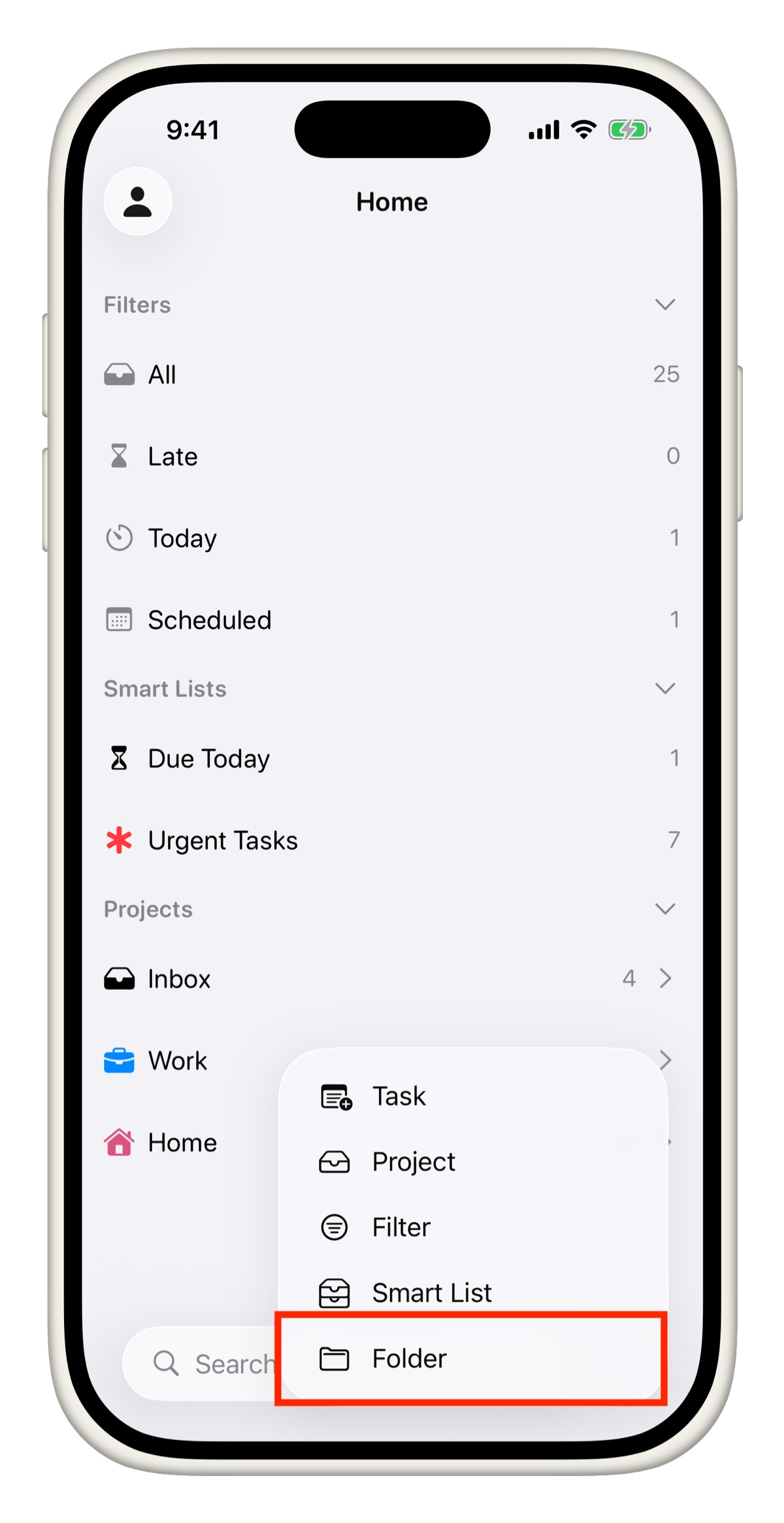 Create a folder from the plus menu