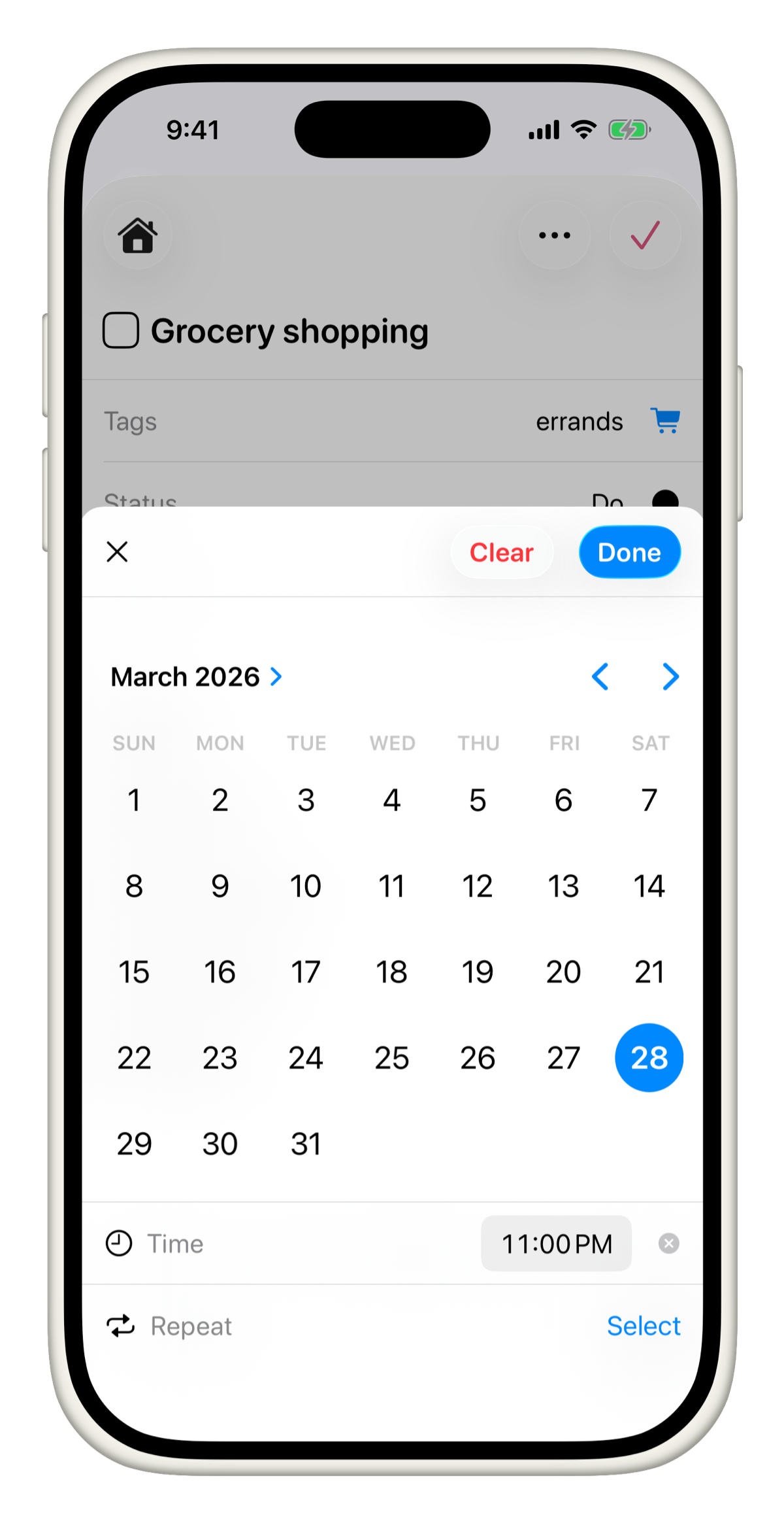 Date picker with Repeat option at the bottom