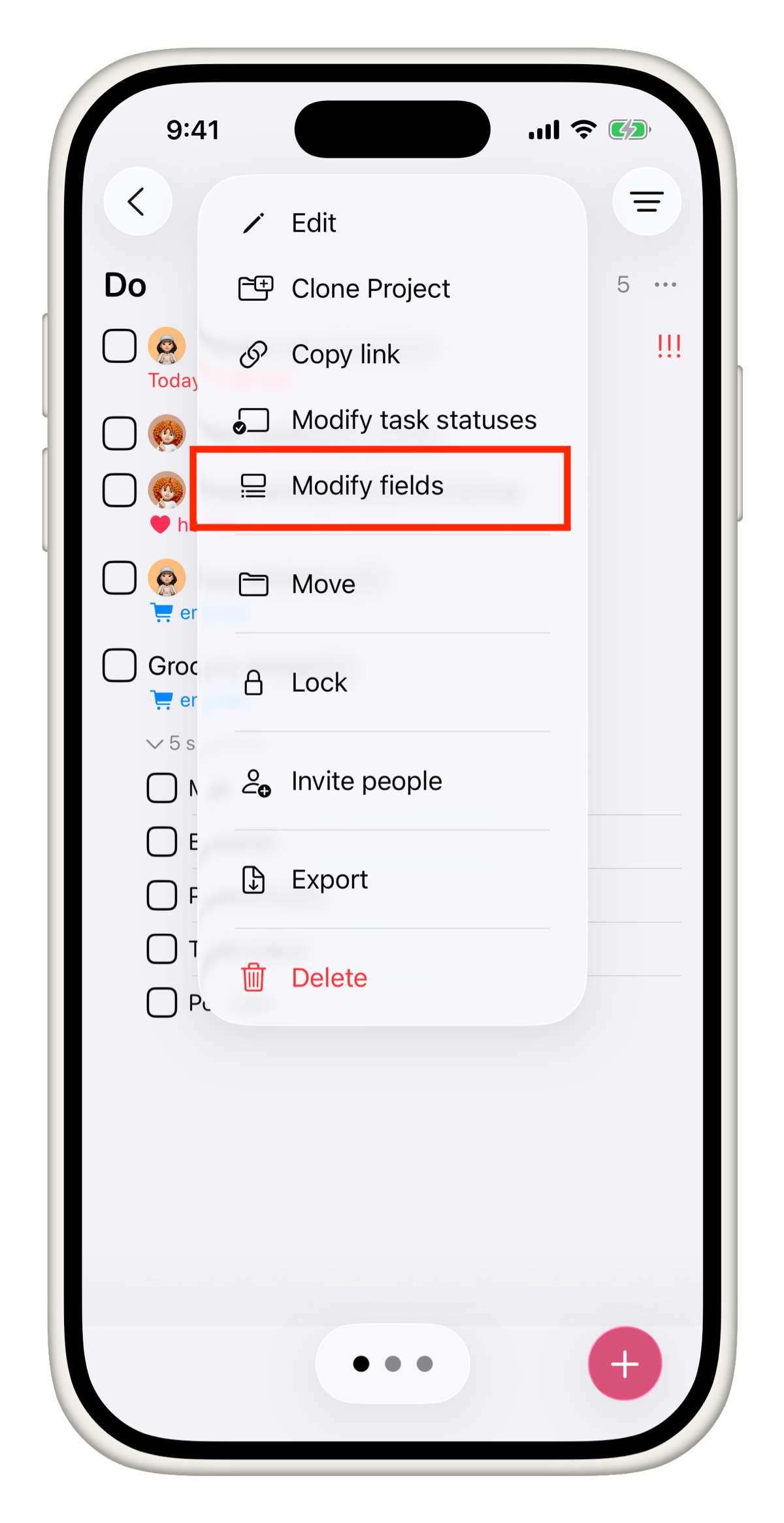 Context menu with Modify fields highlighted